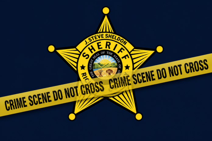 Mansfield stabbing news graphic with Richland County Sheriff Office badge and crime scene tape