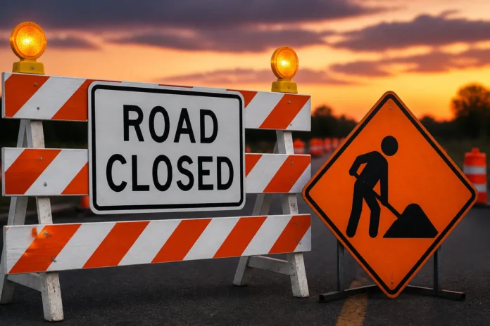 Road closure West First Street Mansfield road closed barricade